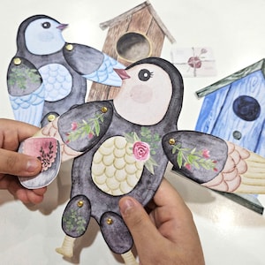 Articulated Bird Paper Dolls, Build a Bird Puppet, Printable Paper Doll Set, DIY Kids Paper Crafts, Bird Paper Craft, Spring Craft Activity