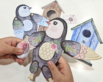 Articulated Bird Paper Dolls, Build a Bird Puppet, Printable Paper Doll Set, DIY Kids Paper Crafts, Bird Paper Craft, Spring Craft Activity
