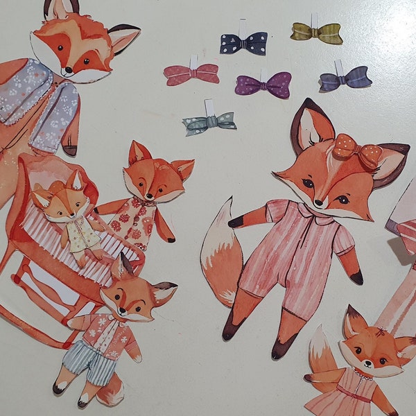 Fox Paper Doll - Family, Paper Doll Printable, DIY Kid Paper Craft, Forest Pretend Play, Woodland Animal Puppets, Fox Paper Doll Play Set