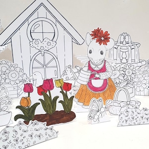 Spring Garden Coloring Playset, Printable Garden Diorama, Garden Playset, DIY Kids Paper Scene, Mouse Paper Doll, Gardening Pretend Play