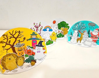 Season Diorama Coloring, Four Seasons of the Year, Printable Season Scenes, DIY Kids Seasonal Craft, Easter Halloween Christmas Paper Crafts