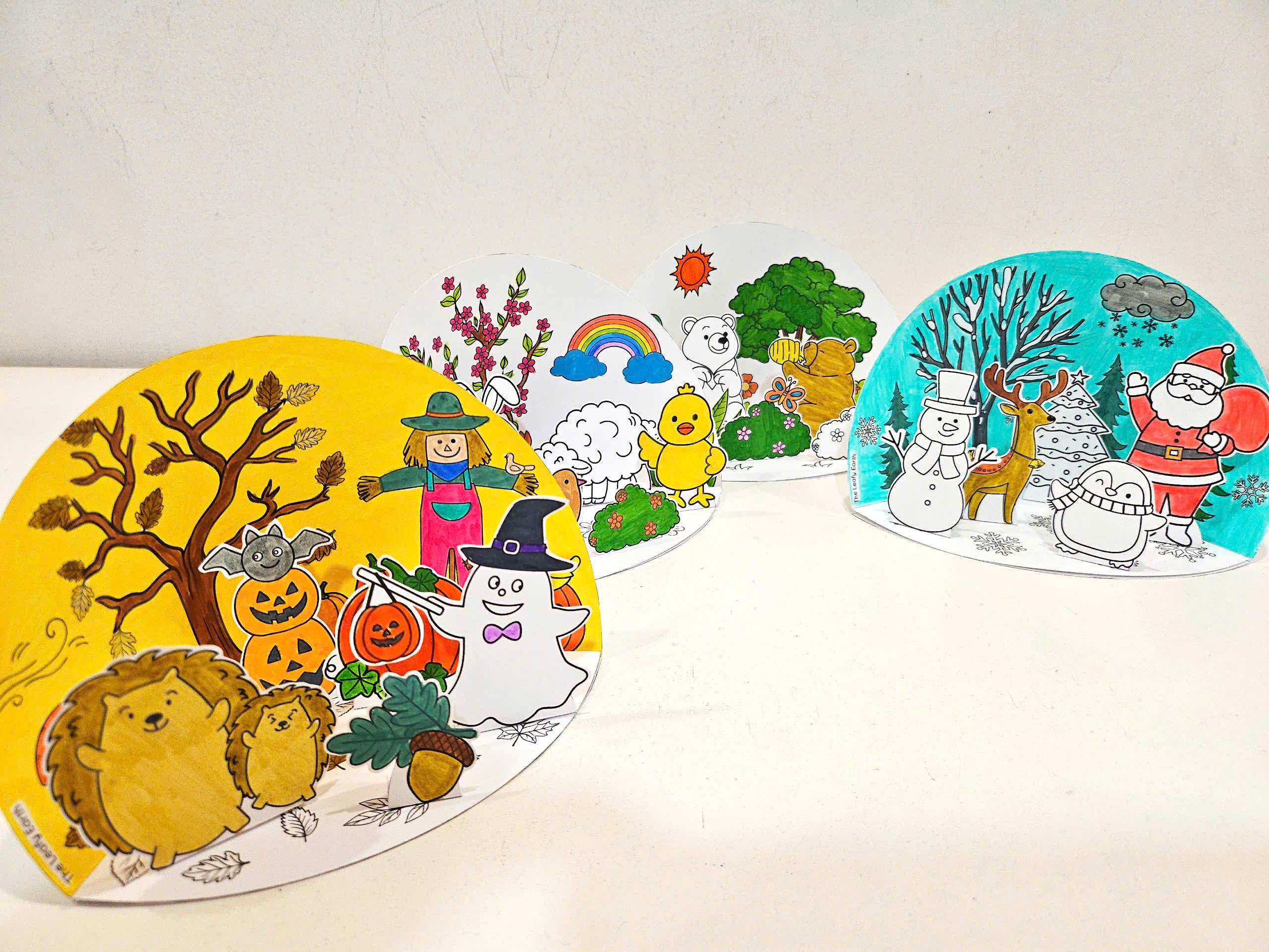 Season Diorama Coloring, Four Seasons of the Year, Printable Season Scenes, DIY Kids Seasonal Craft, Easter Halloween Christmas Paper Crafts
