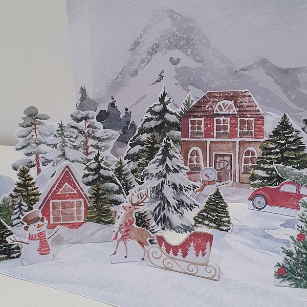 Construire un village de Noël, Diorama de Noël imprimable, Ensemble de jeu de Noël, Paysage en papier, Artisanat en papier, Décor de vacances bricolage, Maisons en papier