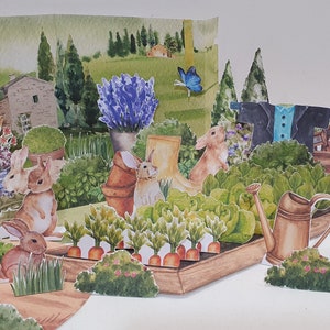 Costruisci un giardino di conigli, diorama stampabile, scena di giardino di carta, lavoretti di carta fai da te per bambini a Pasqua, lavoretti primaverili ed estivi, bambole di carta a forma di coniglietto