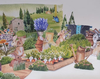 Build a Rabbit Garden, Printable Diorama, Paper Garden Scene, DIY Kids Easter Paper Craft, Spring and Summer Crafts, Bunny Paper Dolls