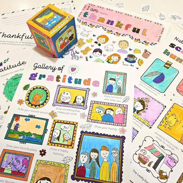 Gratitude Activities for Kids, All About Me, I am Thankful for, Nature Scavenger Hunt, Gratitude Journal and Gallery, Thank You Postcard