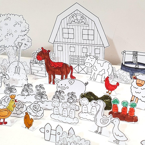 Diorama da colorare della fattoria, diorama della fattoria stampabile, set da gioco della fattoria, scena di carta, lavoretti di carta per bambini, giocattolo di carta fai da te, gioco di finzione, unità di studio sull'agricoltura