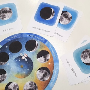 Mondphasen Rad und Karten zum Ausdrucken, Mondzyklus Karteikarten, Montessori Klassenzimmer Kalender Rad, DIY Kinder Papierhandwerk, Mondphasen Studie