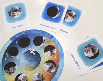 May include: A colorful moon phase learning tool with a circular wheel showing the different phases of the moon. The wheel is surrounded by eight cards with images of the moon phases and their names: new moon, waxing crescent, first quarter, waxing gibbous, full moon, waning gibbous, third quarter, and waning crescent.