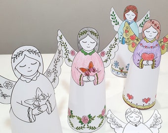 Angel Paper Dolls Coloring Set, Printable Paper Dolls, Paper Ornaments, DIY Kids Paper Toys, Color and Cut, Christmas Angel, Valentine Angel