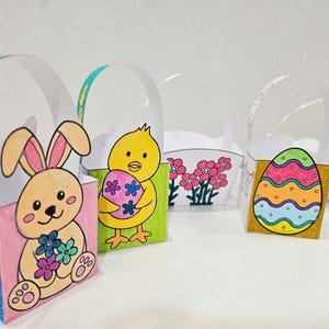 Cestini di carta primaverili da colorare, lavoretti di carta primaverili per bambini, cestini di Pasqua stampabili, da colorare e ritagliare, arti e mestieri, lavoretti di carta a forma di coniglietto