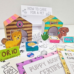 Puede incluir: Un colorido kit de cuidado de mascotas hecho a mano con casas para perros ilustradas, cuencos para comida y un certificado de adopción de cachorros. Incluye el texto "HOW TO CARE FOR A PET" y "PET CARE CHECKLIST".