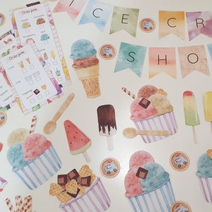 May include: A set of colorful ice cream shop themed printable party decorations. The set includes a banner that reads "ICE CREAM SHOP", ice cream cones, scoops of ice cream, popsicles, and a spoon. The decorations are perfect for a summer party or a birthday party.