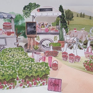 Build a Strawberry Garden Cafe, Printable Diorama, Picnic Pretend Play Set, Paper Play Scene, DIY Kids Paper Craft, Spring and Summer Crafts