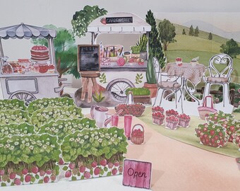 Build a Strawberry Garden Cafe, Printable Diorama, Picnic Pretend Play Set, Paper Play Scene, DIY Kids Paper Craft, Spring and Summer Crafts