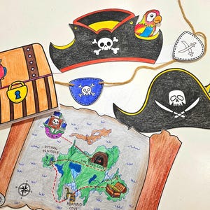 Piraten Handwerk Malset, Papierkrone Piratenhüte, Insel bauen, Kinder Schatzkarte Zeichnen und Schreiben, Schatzkiste, Party Stirnbänder