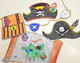 Pirate Craft Coloring Set, Paper Crown Pirate Hats, Build an Island, Kids Treasure Map Drawing and Writing, Treasure Chest, Party Headbands