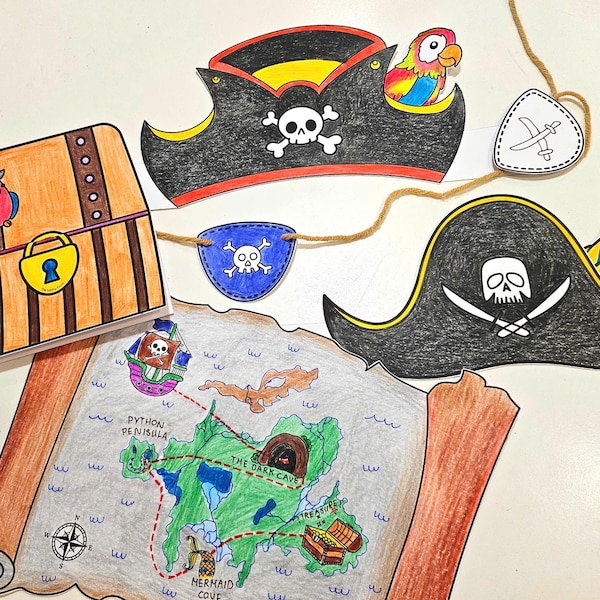 Ensemble de coloriage artisanat pirate, couronnes en papier, chapeaux de pirate, Construisez une île, dessin et écriture de carte au trésor pour enfants, coffre au trésor, bandeaux de fête
