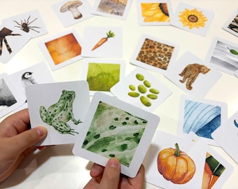 May include: A collection of square educational flashcards featuring watercolor illustrations of various subjects including a green frog, a pumpkin, a carrot, a sunflower, a leopard, a mushroom, and abstract patterns in various colors.