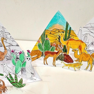 Triorama da colorare con l'habitat del deserto, scene del deserto stampabili, lavoretti fai da te con la carta per bambini, progetto scientifico, pupazzi di animali del deserto, cammelli