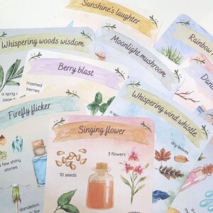 Tarjetas con recetas de pociones de hadas para la cocina de barro, tarjetas con pociones de hadas mágicas, juegos de rol al aire libre, juegos dramáticos, juegos al aire libre, juegos en la naturaleza, escuela forestal imagen 4