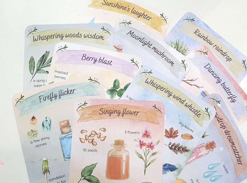 Tarjetas con recetas de pociones de hadas para la cocina de barro, tarjetas con pociones de hadas mágicas, juegos de rol al aire libre, juegos dramáticos, juegos al aire libre, juegos en la naturaleza, escuela forestal imagen 4
