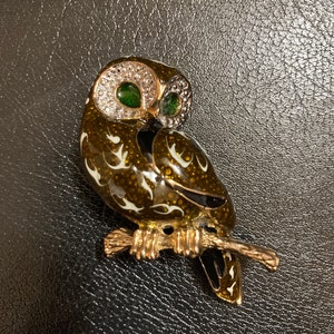 Owl on Branch Enamel on Goldtone Brooch/Pin
