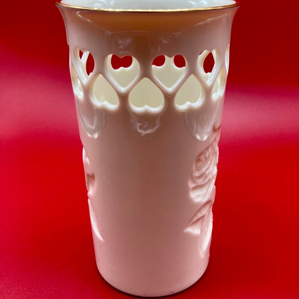 Lenox Pierced Hearts Ivory Vase with Embossed Rose Pattern and Gold Trim