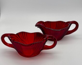 Neue Martinsville Glass Queen Anne Ruby Red Creamer und Open Sugar