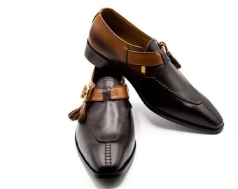 Handmade Two-Tone Leather Loafers, Buckle Strap Slip-Ons