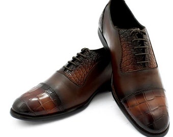 Handmade Alligator Textured Leather Oxfords, Tan Brown Cap Toe Shoes