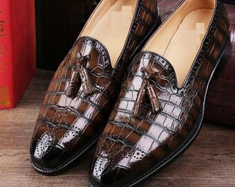 Handmade Alligator Textured Leather Loafers, Goodyear Welted Tassel Shoes