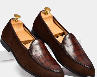 Handmade Alligator Textured Leather Loafers: Brown Suede Slip-Ons