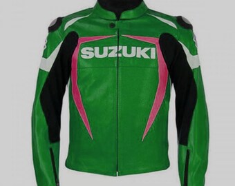 Elegante SUZUKI chaqueta de moto de cuero de vaca blindada de Color verde-negro y rosa con almohadillas de seguridad