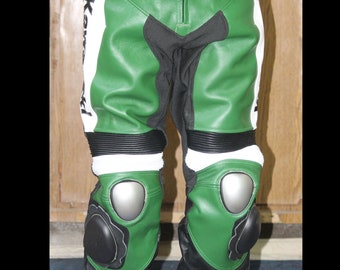 Genuine Leather Kawasaki Ninja Green Biker Pants with Safety Pads