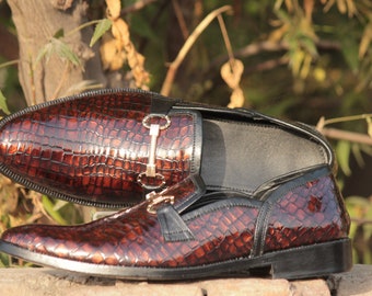 Handmade Double Shaded Genuine Alligator Textured Leather "Good Year Welted" Loafers Stylish Slip-On Shoes