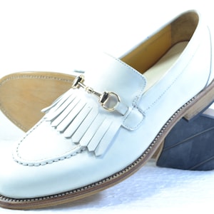Handmade White Color Genuine Fringed Leather &quot;Good Year Welted&quot; Loafers Stylish Slip-On Shoes