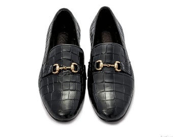 Handmade Black Color Genuine Alligator Textured Leather "Good Year Welted" Loafers Stylish Slip-On Shoes