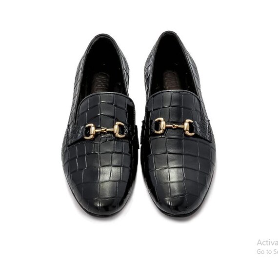 Black Slip-On Loafers with Textured Leather Design Handmade Alligator Textured Leather Horse Bit Loafers  main image 4