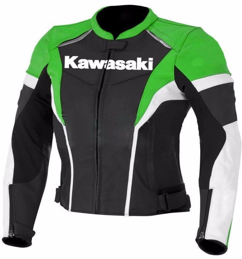 Puede incluir: Chaqueta de moto de cuero negro y verde con detalles blancos y la palabra "Kawasaki" en letras blancas en la parte delantera.
