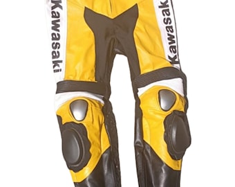 Men's Kawasaki Ninja Leather Motorcycle Pants: Yellow, Black & White with Safety Pads