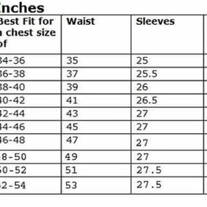 Puede incluir: Una tabla de tallas para chaquetas en pulgadas, que muestra las medidas del pecho, la cintura, las mangas, los hombros y la longitud. Las tallas van de XS a 6XL.