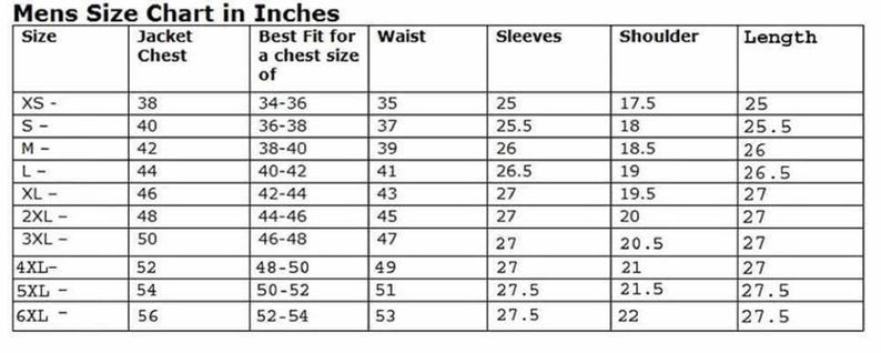 Puede incluir: Una tabla de tallas para chaquetas en pulgadas, que muestra las medidas del pecho, la cintura, las mangas, los hombros y la longitud. Las tallas van de XS a 6XL.