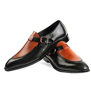 Handmade Black & Tan Color Genuine Leather Split Toe &quot;Good Year Welted&quot; Tussled Buckle Strap Loafers Stylish Slip-On Shoes