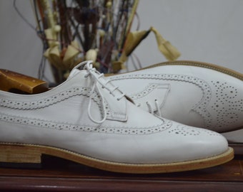 Zapatos brogue de cuero blanco hechos a mano con punta de ala - Oxfords Goodyear Welted
