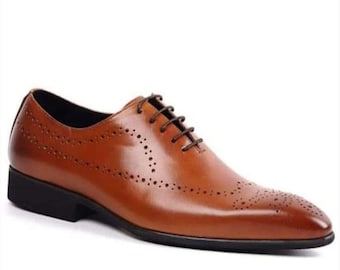 Handmade Tan Leather Brogue Oxfords, Goodyear Welted Dress Shoes