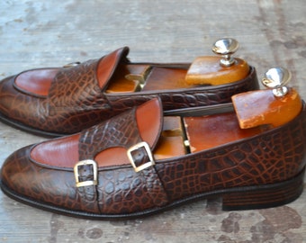 Handmade Alligator Textured Leather Monk Strap Shoes, Goodyear Welted