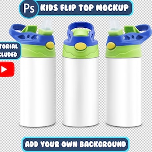 Mockup med fällbart lock för barn, Photoshop Smart Object, Mockup med 350 ml barnmugg, Mockup med fällbart lock PSD, Mockup med sipprost för barn, 12 bakgrunder inkluderade
