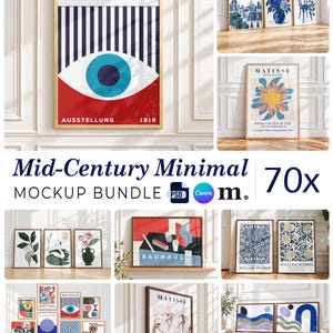 Może przedstawiać: Cyfrowy pakiet makiet zawierający 70 różnych oprawionych wydruków artystycznych, w tym projekty Bauhaus, Matisse i William Morris. Kolekcja prezentuje plakaty z geometrycznymi kształtami, motywami kwiatowymi i abstrakcyjnymi ilustracjami w złotych i drewnianych ramach.