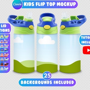Maqueta de tapa abatible para niños, maqueta de arrastrar y soltar, vaso para niños de 12 oz, maqueta de tapa abatible de Canva, maqueta de taza para sorber para niños, 25 fondos incluidos